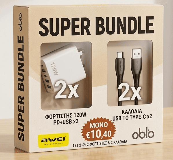 2 Τεμάχια Ταχείας Φορτιστής Oblo 120W και 2 Τεμάχια Ταχείας Φόρτισης Καλώδια Awei 3A