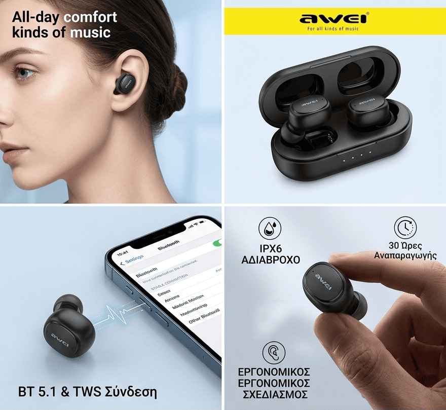 Ασύρματα Ακουστικά Bluetooth AWEI T13 Pro με Θήκη Φόρτισης & Έλεγχο Αφής - Εικόνα 3