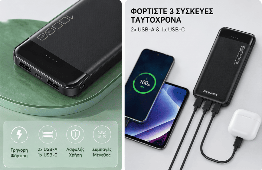 Awei Power Bank 10000mAh P37K με 3 Θύρες USB-A & USB-C - Εικόνα 5